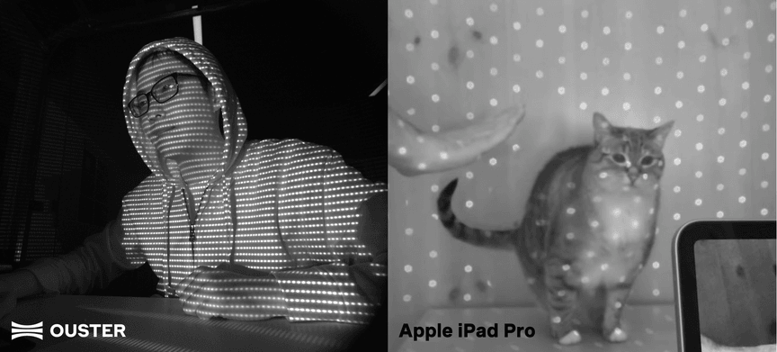 Resolution comparison commercial lidar and consumer lidar, taken by infrared camera (Image source for iPad is https://www.youtube.com/watch?v=xz6CExnGw9w)