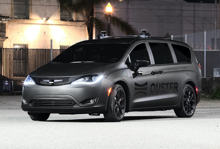An Ouster vehicle with OS0, OS1, and OS2 lidar sensors mounted on it