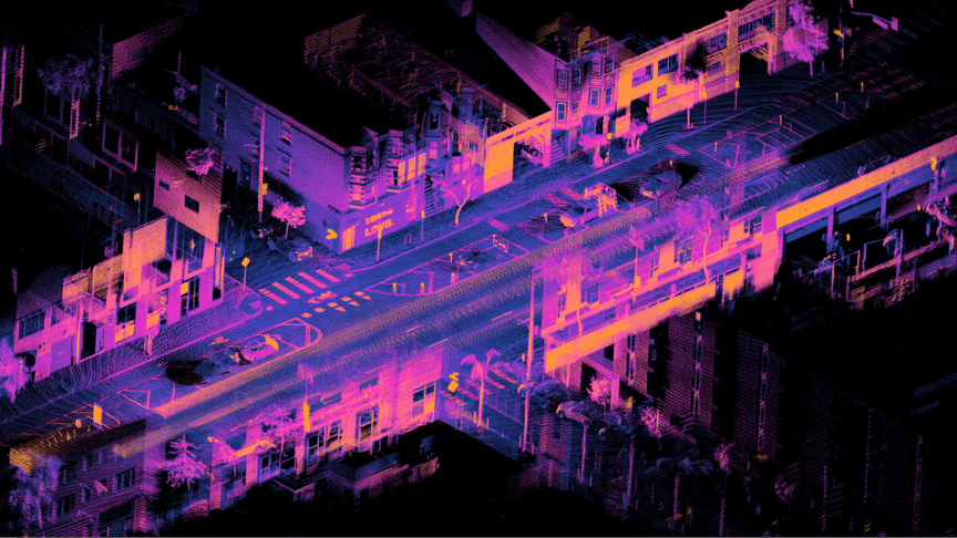 A lidar pointcloud of Folsom Street in San Francisco taken by a car with Ouster sensors mounted on it.